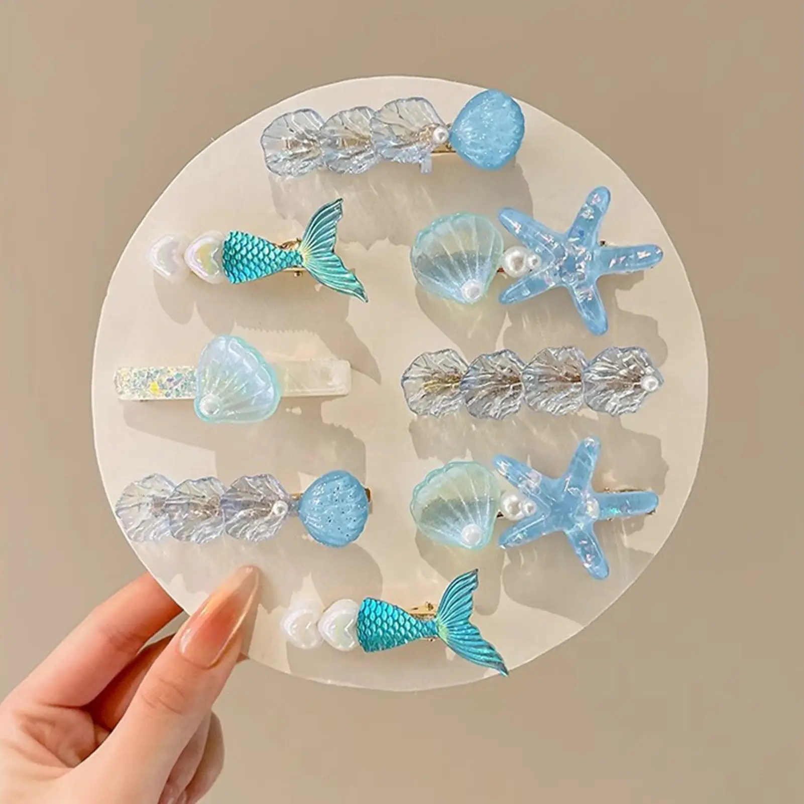5pcs Ocean Element Hair Clips Set Creative Pearlescent Gradient Blue Seafish Shell Fish Tail Shaped Barrettes Hair Accessories
