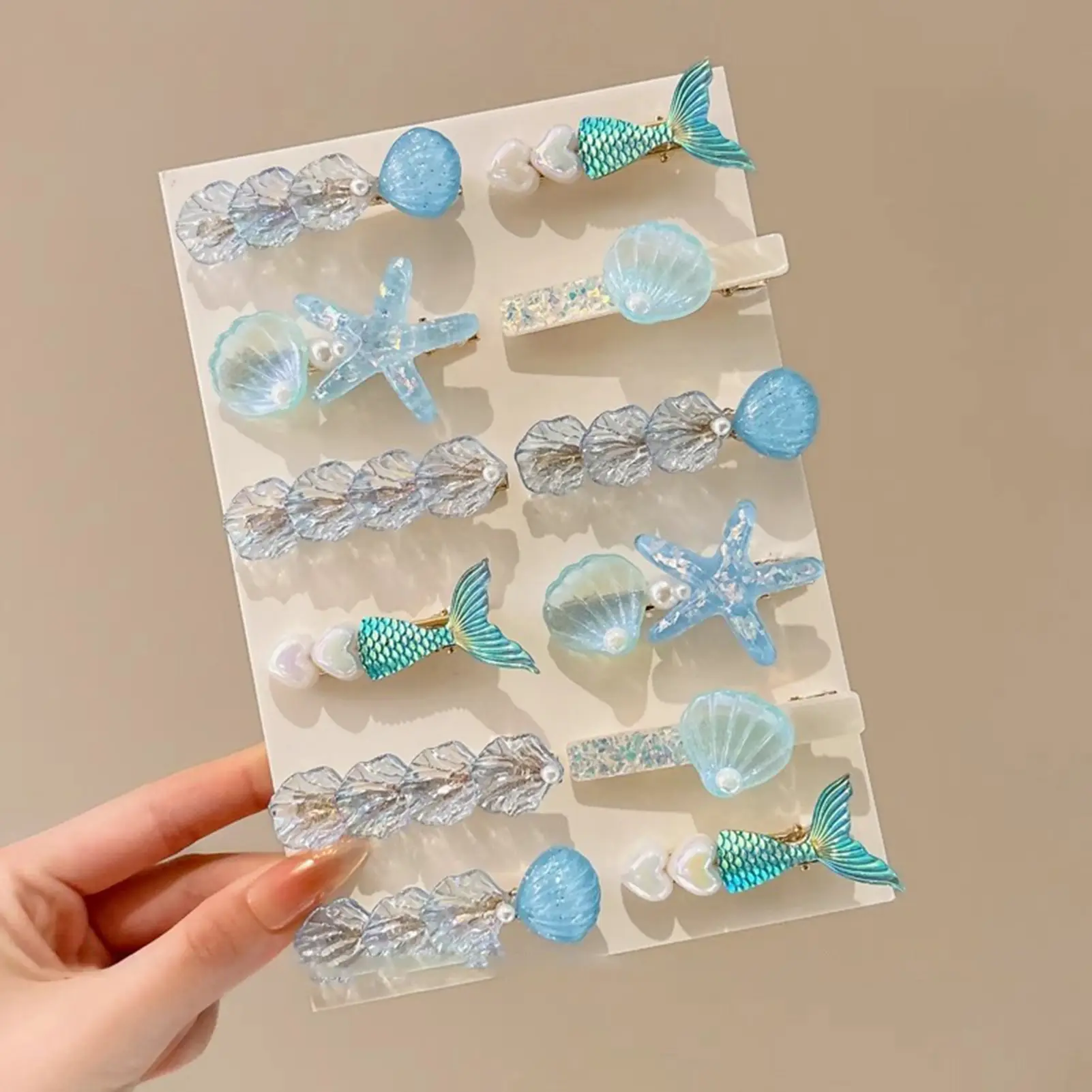 5pcs Ocean Element Hair Clips Set Creative Pearlescent Gradient Blue Seafish Shell Fish Tail Shaped Barrettes Hair Accessories