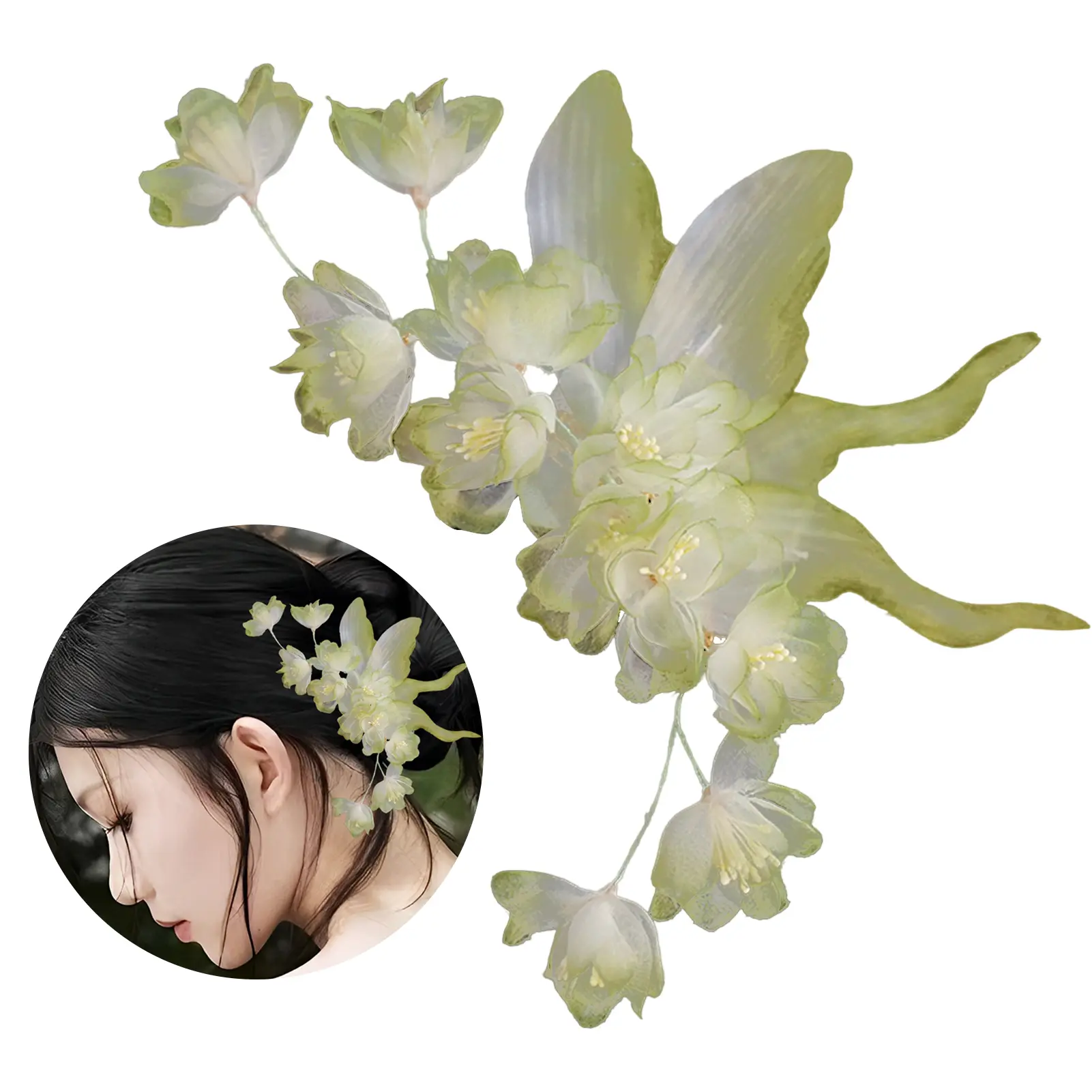 Vintage Fairy Hair Clips Elegant Light Green Gauze Flower Butterfly Hair Clip For Women Hanfu Dress Exquisite Hair Accessories