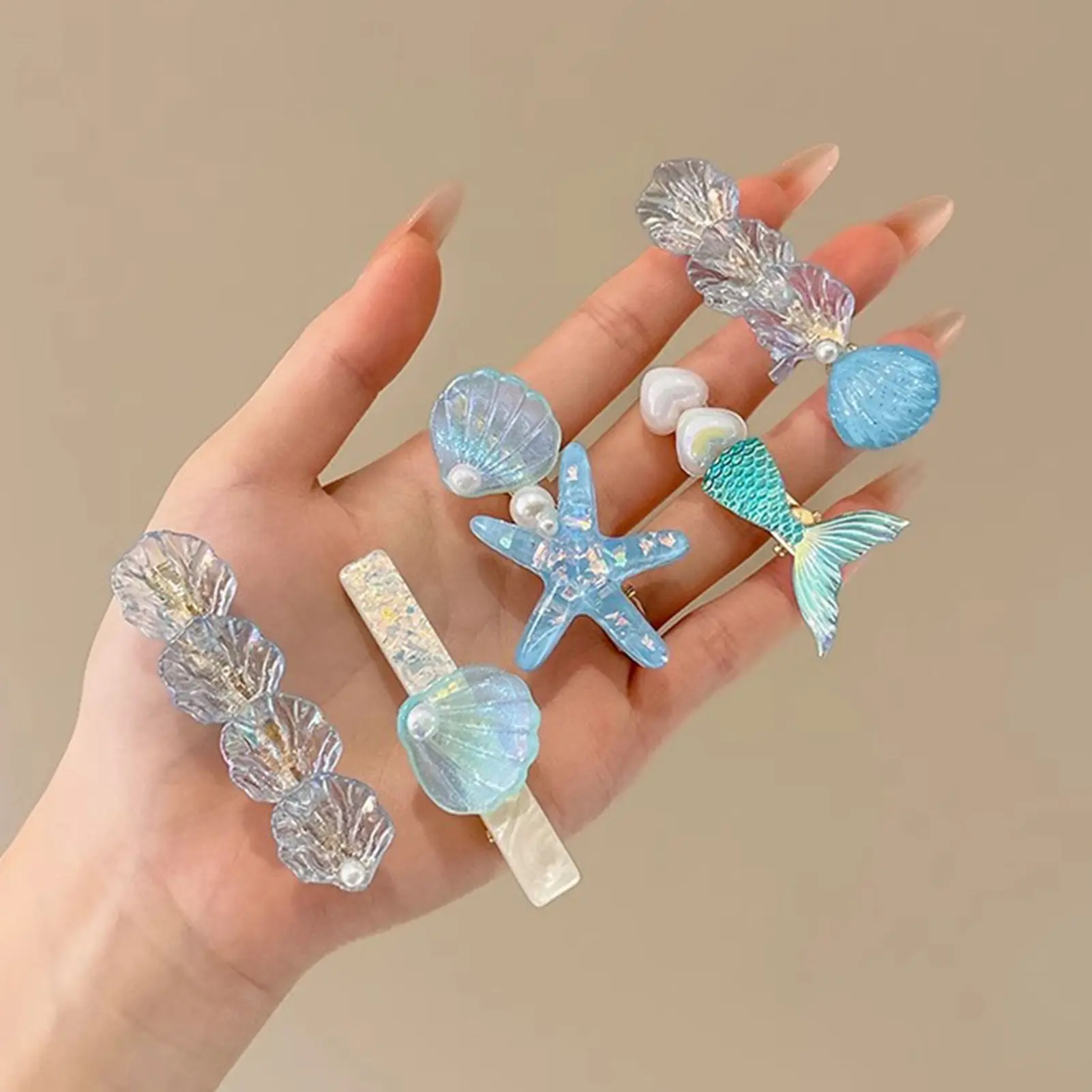 5pcs Ocean Element Hair Clips Set Creative Pearlescent Gradient Blue Seafish Shell Fish Tail Shaped Barrettes Hair Accessories