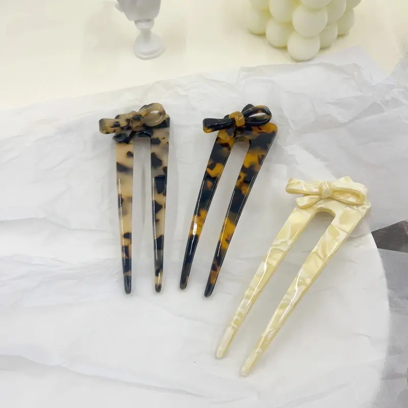Trendy Bow U-shaped Hairpin Pearlescent Contrasting Color Acrylic Hairpin For Women Exquisite Sweety Girls Daily Hair Accessory