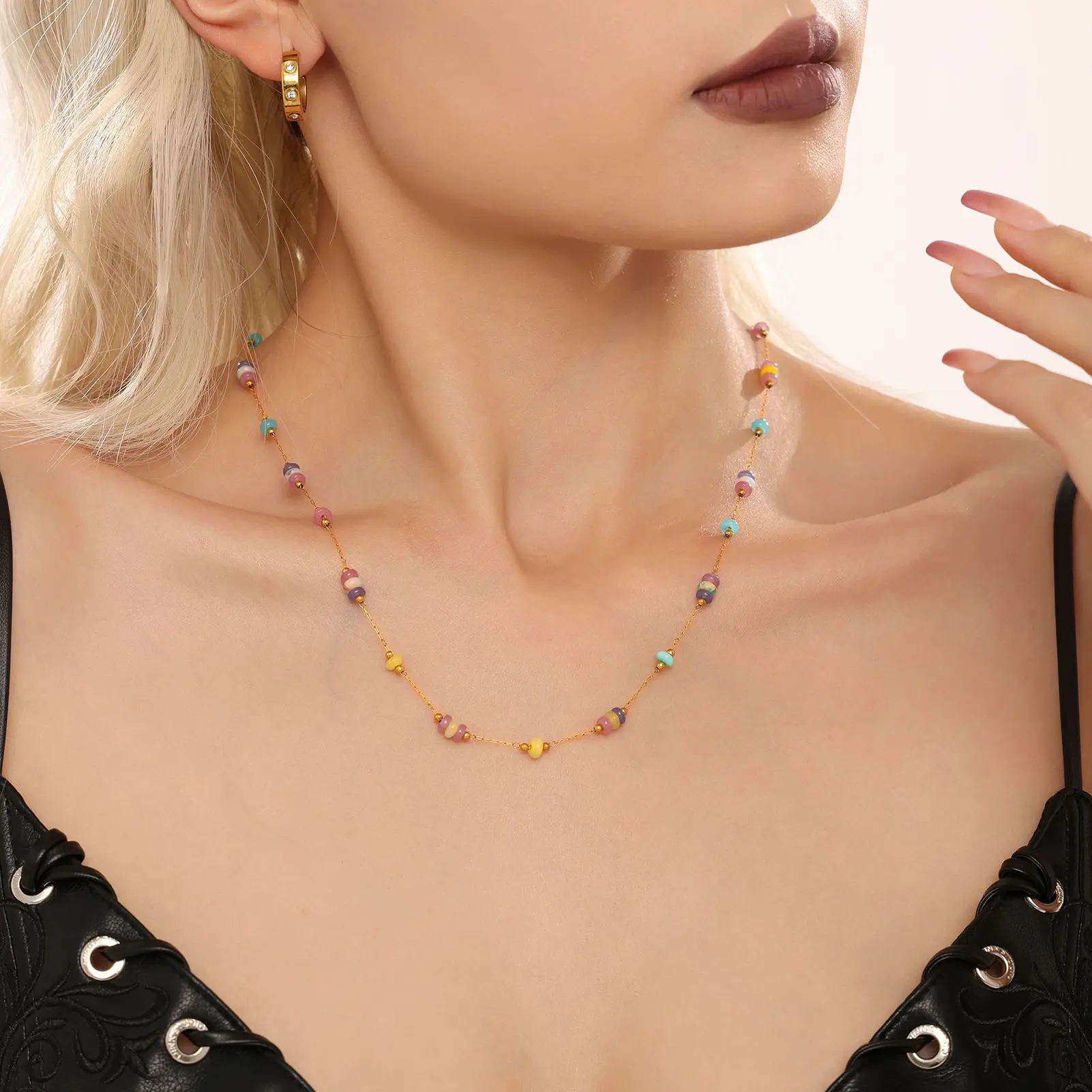 Sweety Romantic Dopamine Necklace Bracelet For Women Niche Stainless Steel Natural Stone Neck Chain Fashion Jewelry Accessories