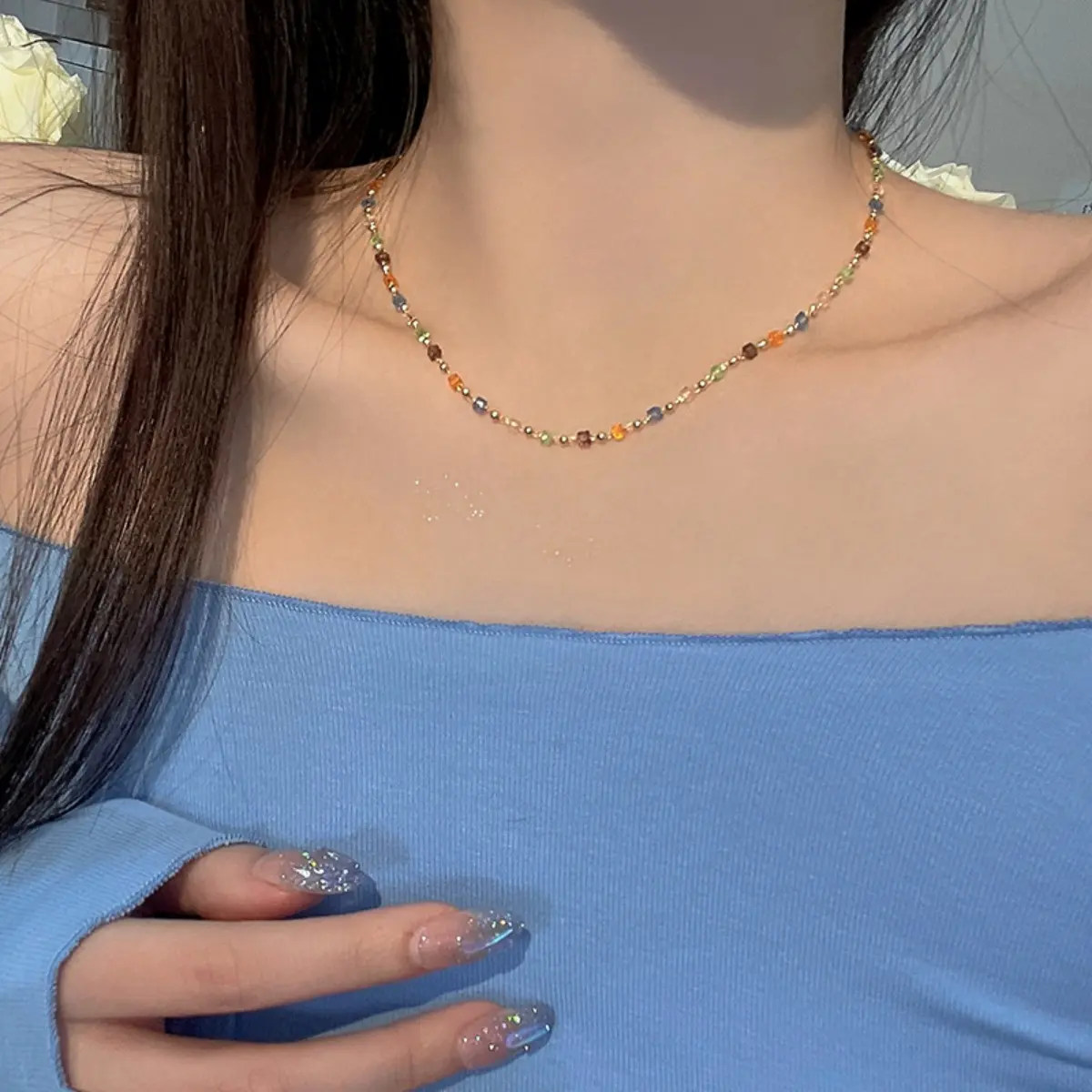 Little Fresh Simple Necklace For Women Handmade Bead Zircon Collarbone Chain Sweety Romantic Neck Chain Trendy Summer Body Chain