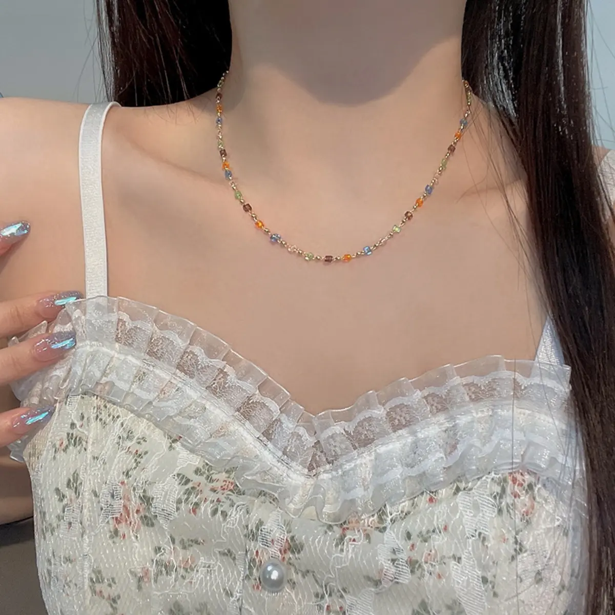 Little Fresh Simple Necklace For Women Handmade Bead Zircon Collarbone Chain Sweety Romantic Neck Chain Trendy Summer Body Chain