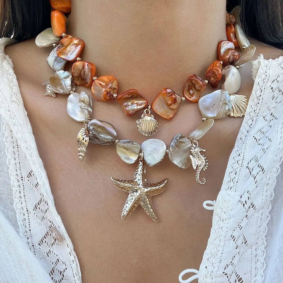Summer Beach Shell Necklace For Women Ocean Element Sea Star Shell Pearl Bead Collarbone Chain Girls Charm Jewelry Neck Chain