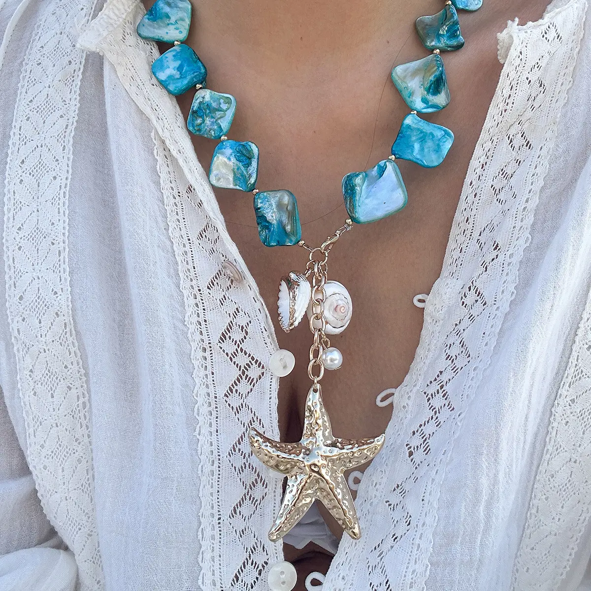 Summer Beach Shell Necklace For Women Ocean Element Sea Star Shell Pearl Bead Collarbone Chain Girls Charm Jewelry Neck Chain