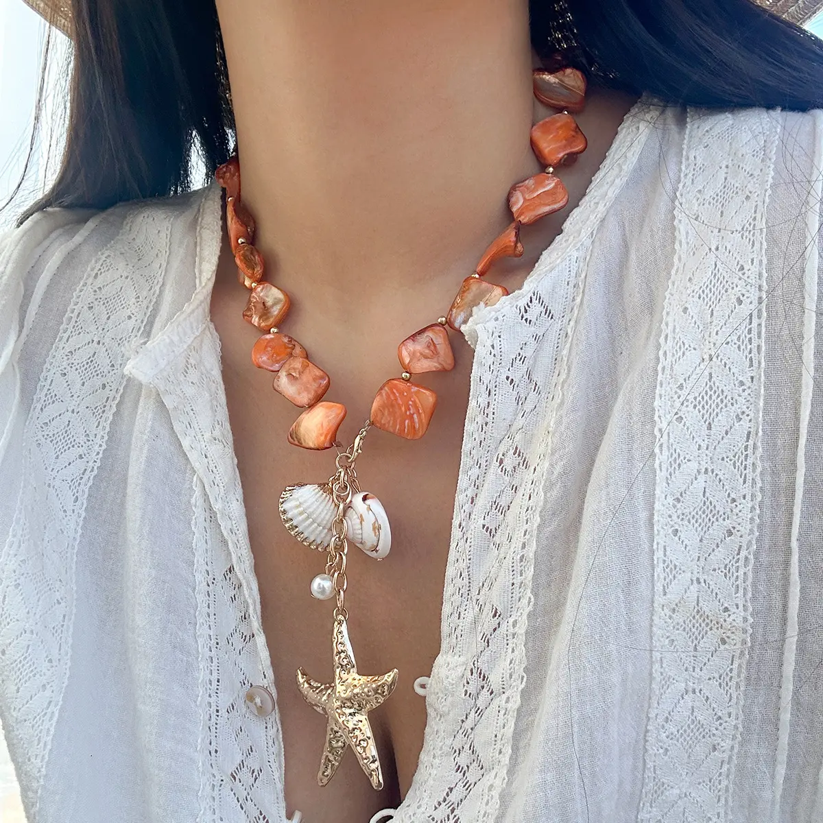 Summer Beach Shell Necklace For Women Ocean Element Sea Star Shell Pearl Bead Collarbone Chain Girls Charm Jewelry Neck Chain