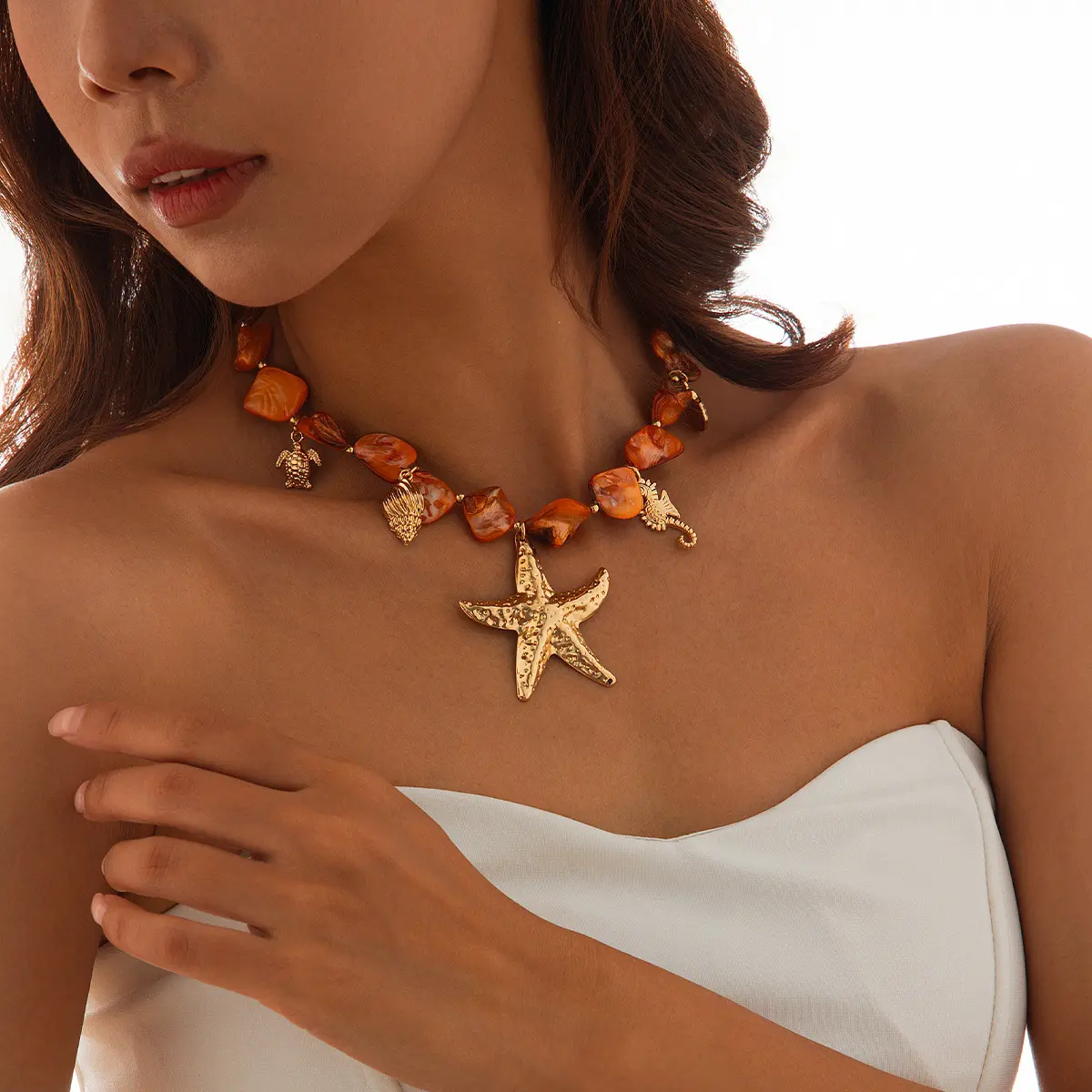 Summer Beach Shell Necklace For Women Ocean Element Sea Star Shell Pearl Bead Collarbone Chain Girls Charm Jewelry Neck Chain