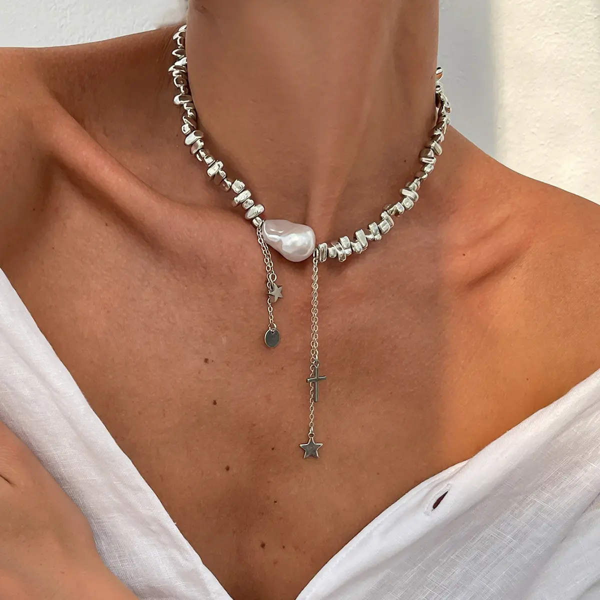 INS Gravel Necklace Trendy Geometric Bead Collarbone Chain Summer Beach Neck Decoration Chain Girls Fashion Jewelry Choker