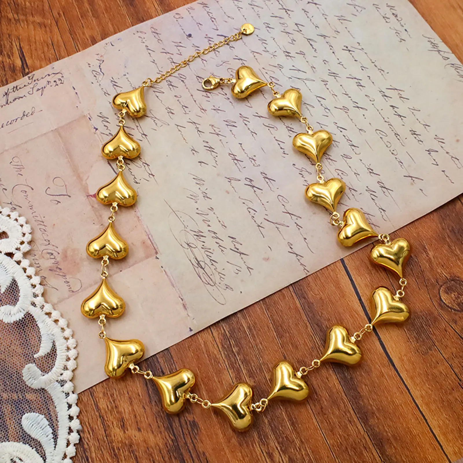 French Style Heart Bead String Necklace Retro Exaggerated Heart Collarbone Chain Girls Summer Beach Bracelet Jewelry Body Chains