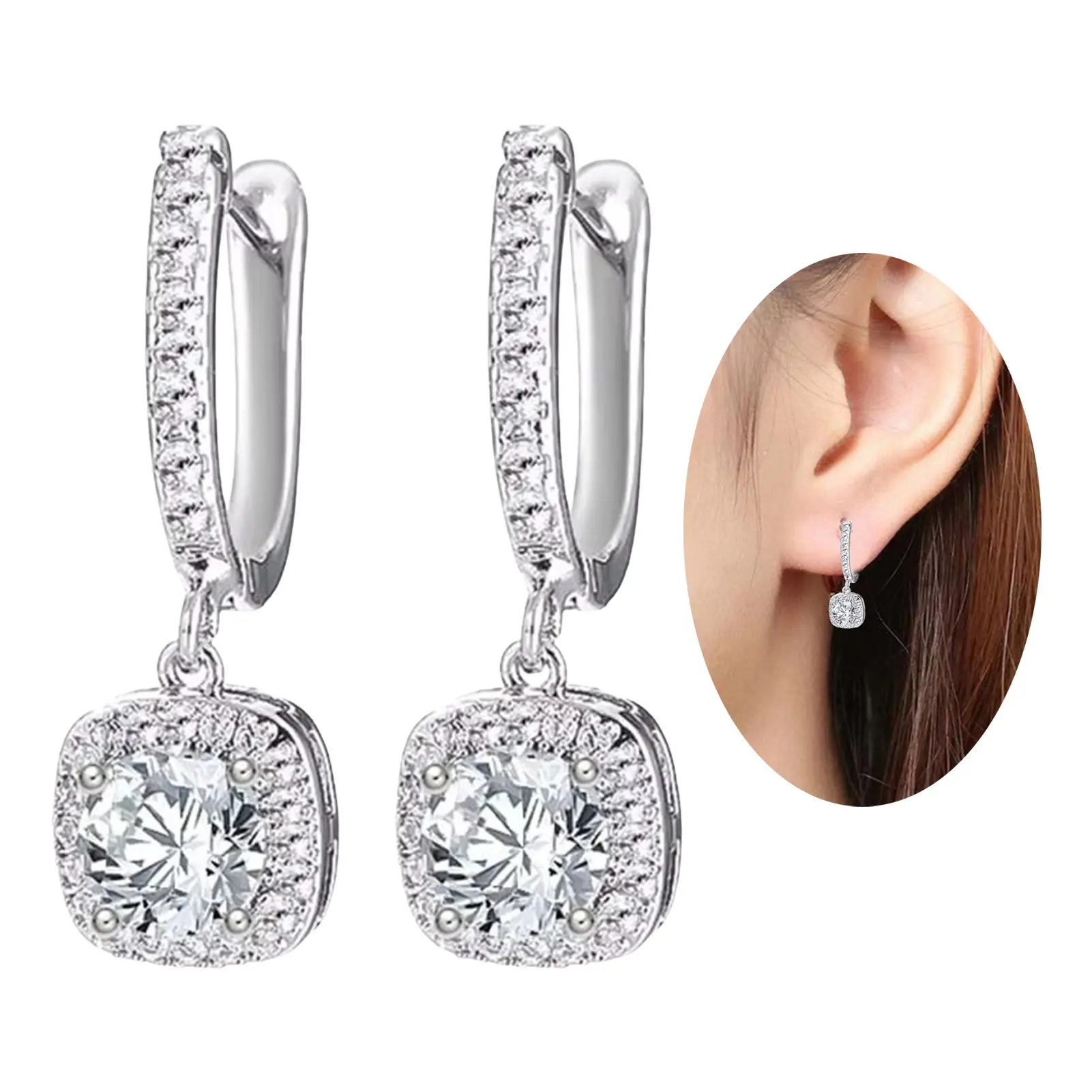 Light Luxury Glitter Dangle Earring For Women Elegant Square Zircon Pendant Ear Buckle Girls Fashion Jewelry Ear Accessories