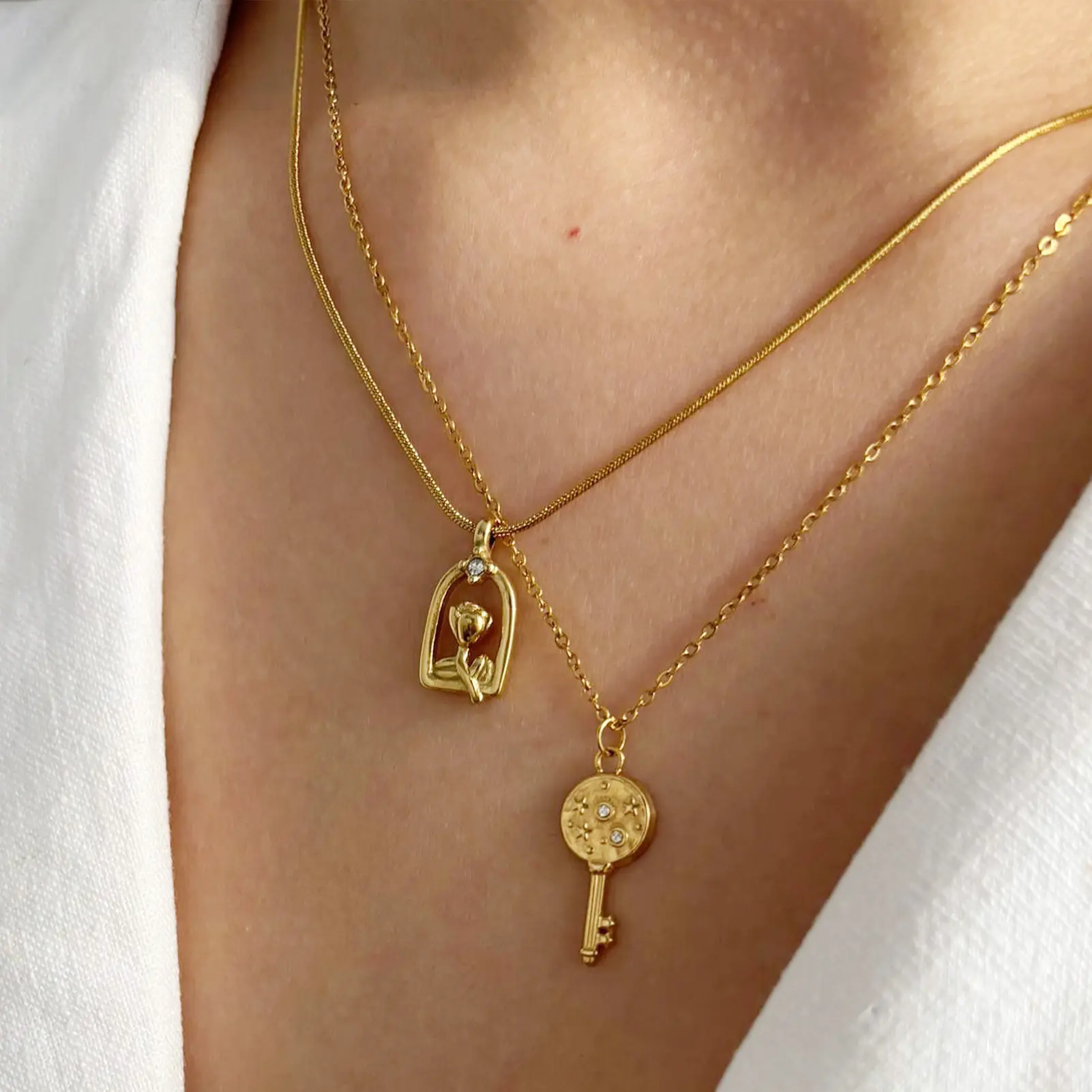 Trendy Metal Necklace For Women Creative Key Rose Design Stainless Steel Neck Chain Light Luxury Metal Jewelry Neck Accessories