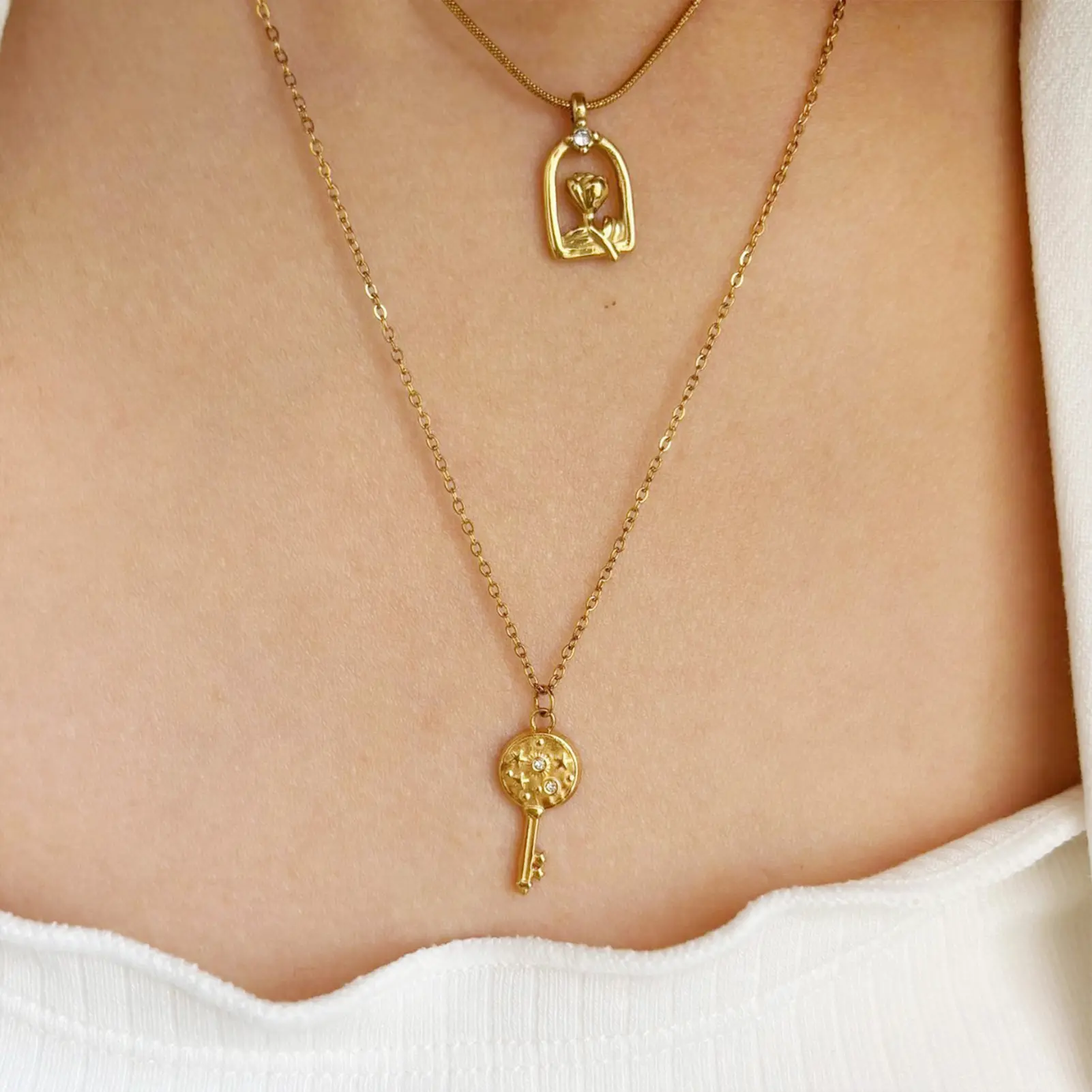 Trendy Metal Necklace For Women Creative Key Rose Design Stainless Steel Neck Chain Light Luxury Metal Jewelry Neck Accessories