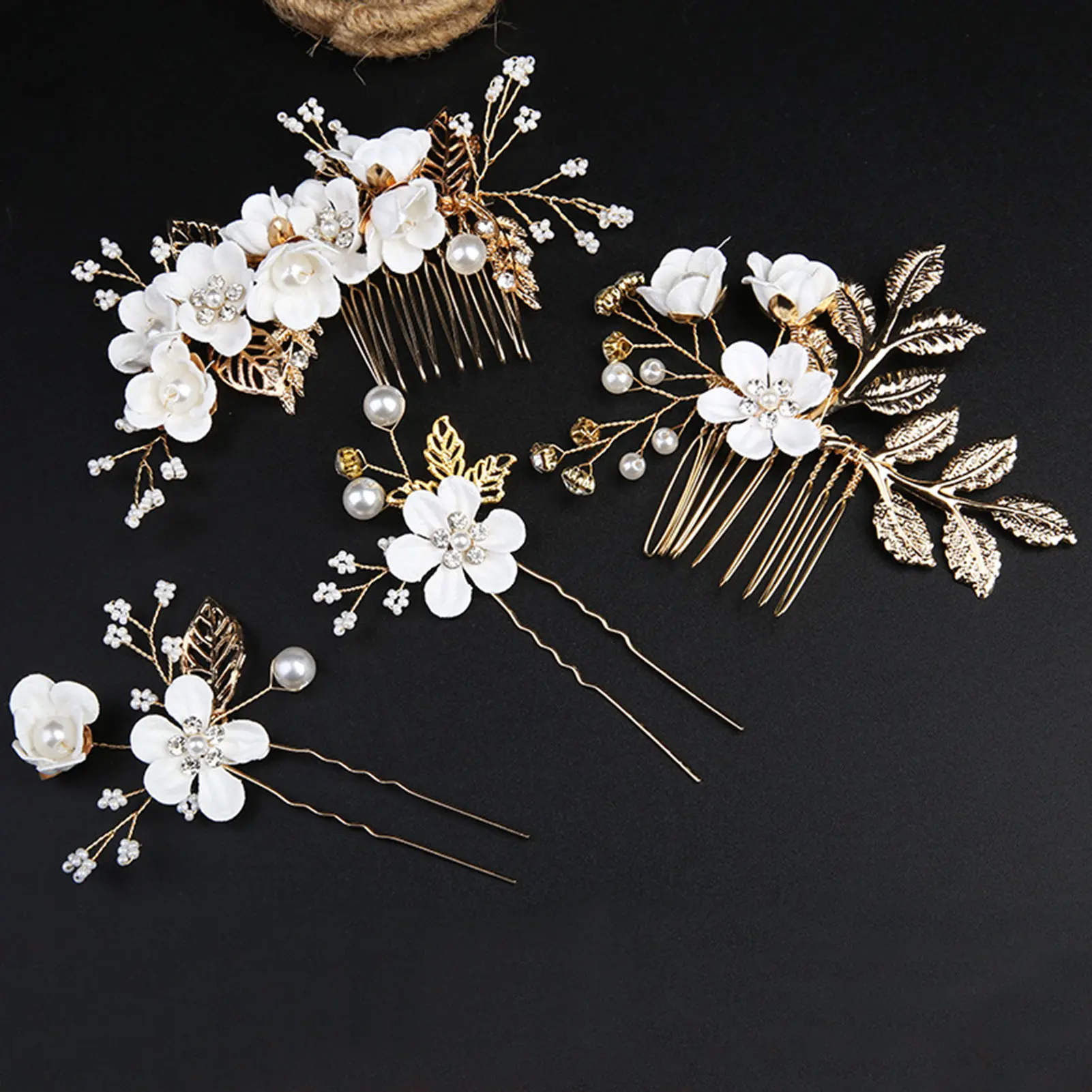 Elegant Pearl Flower Hair Accessory Set For Women Metal Leaf Floral U Shape Hairpin Wedding Hair Decoration Hair Clip/stick