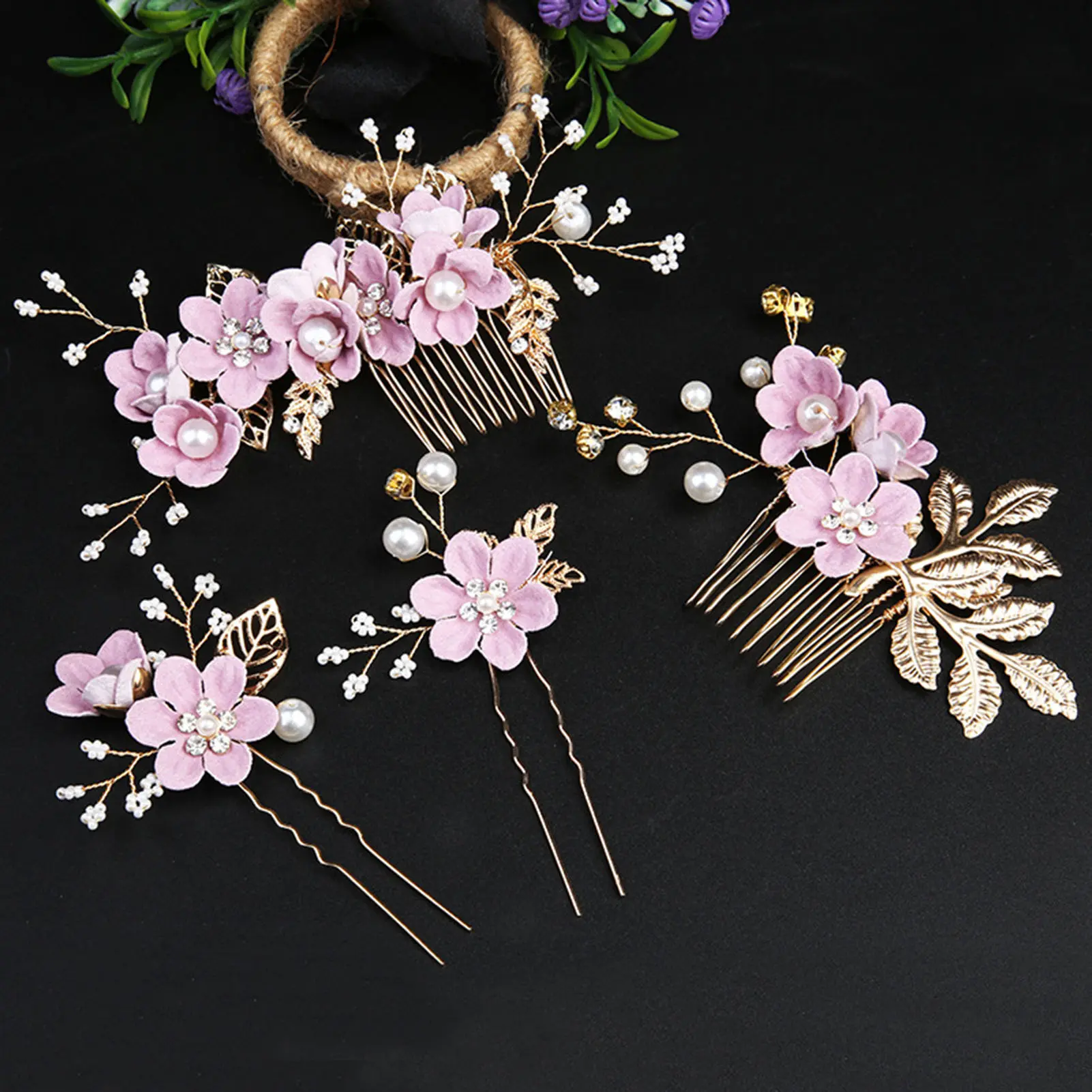 Elegant Pearl Flower Hair Accessory Set For Women Metal Leaf Floral U Shape Hairpin Wedding Hair Decoration Hair Clip/stick