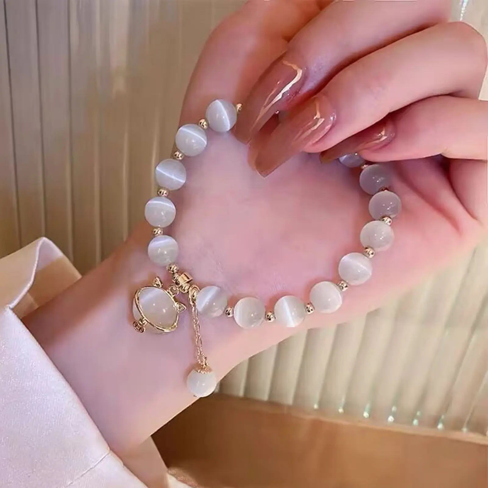Cat's Eye Stone Bead Bracelet For Women Lucky Money Cat Beaded Bracelet Girls Fashion Hand Decoration Chain Jewelry Accessories