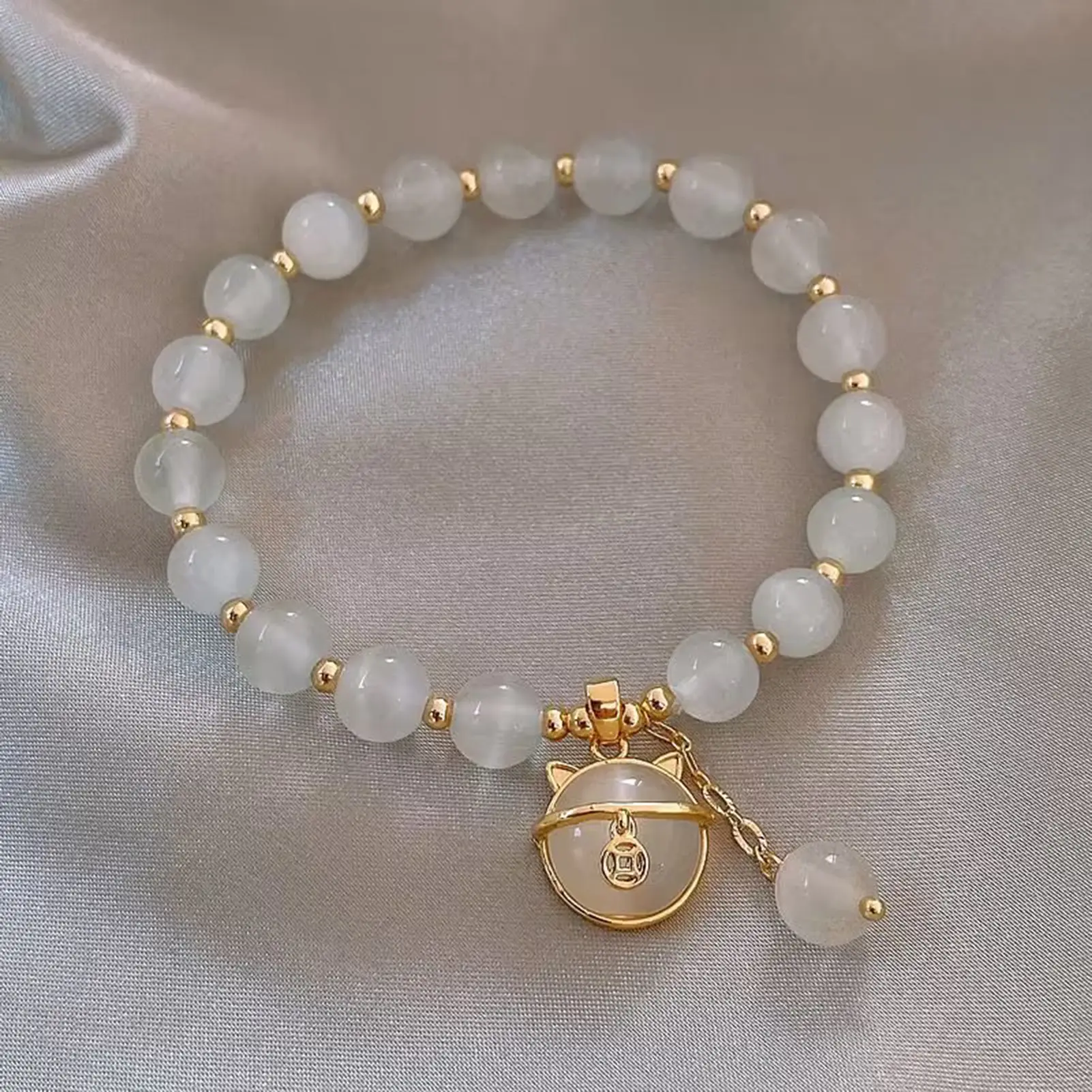 Cat's Eye Stone Bead Bracelet For Women Lucky Money Cat Beaded Bracelet Girls Fashion Hand Decoration Chain Jewelry Accessories