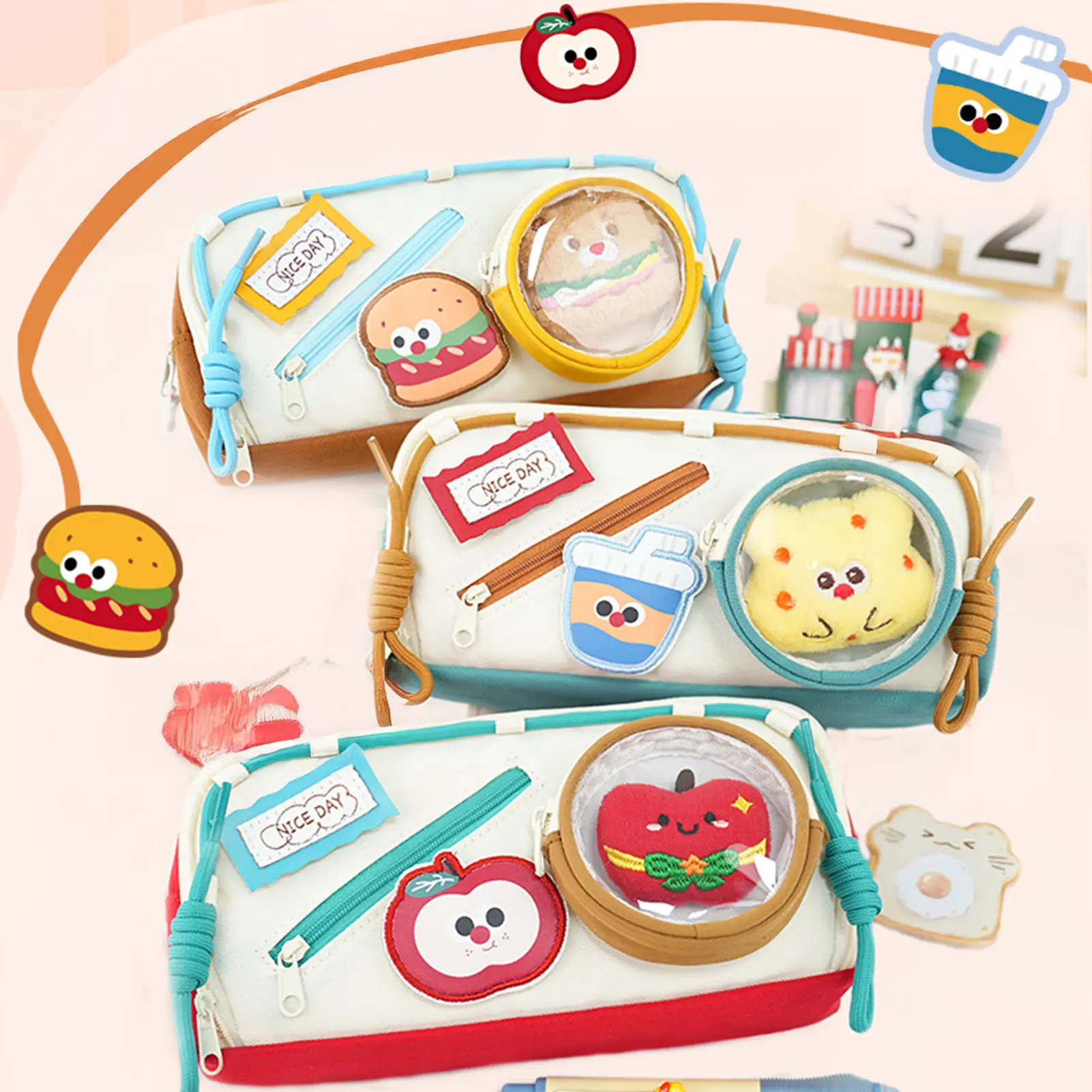 Unique Stationery Box For Student Cartoon Food Burger Pattern Pencil Case Cute Large Capacity Pencil Case School Supplies 1pc