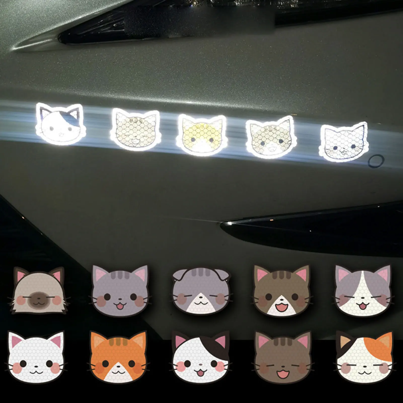 10pcs Car Reflective Stickers Creative Cartoon Animal Element Luminous Car Sticker Cute Cat Head Decoration Sticker For Car
