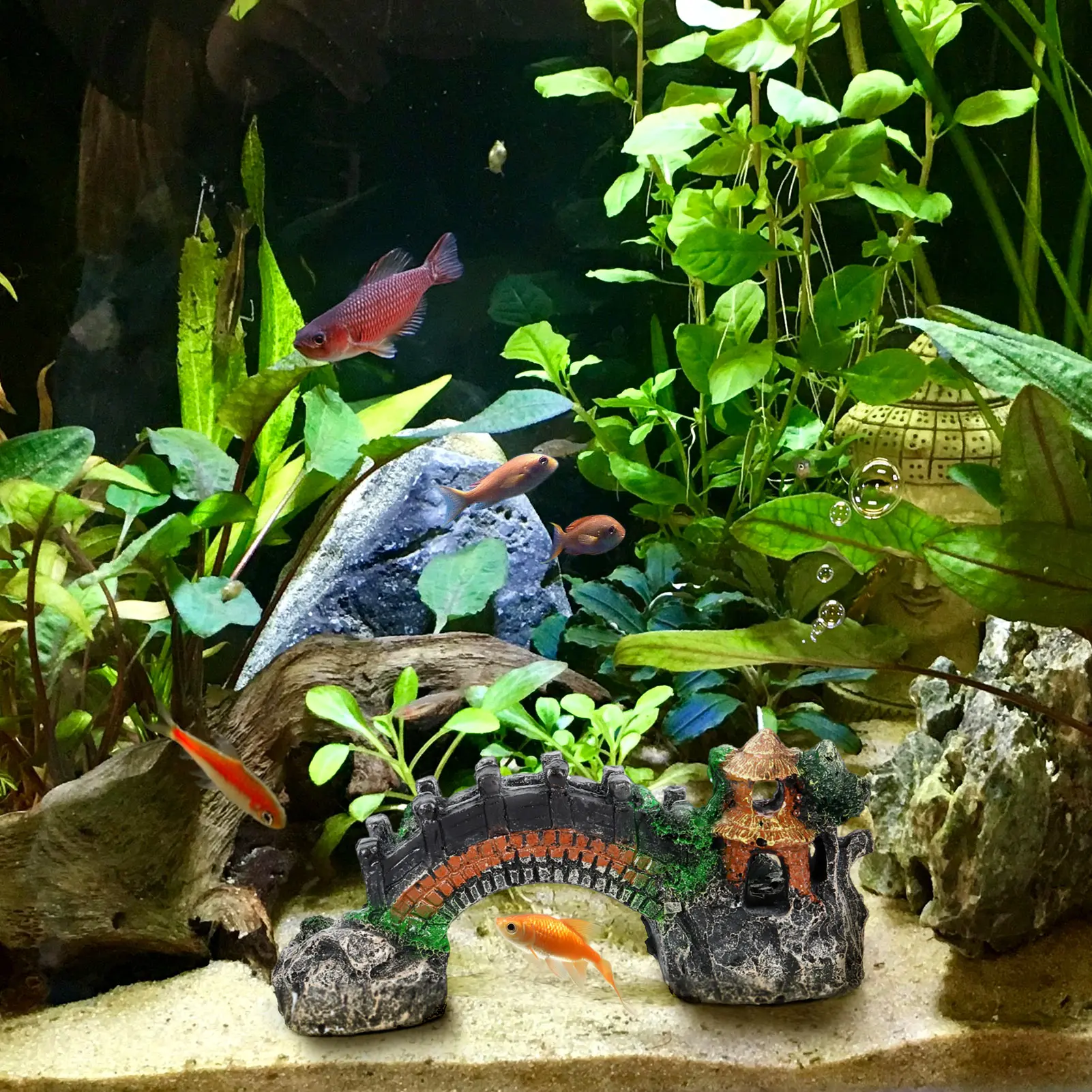 5.5" Fish Tank Rockery Decoration Simulated Resin Fake Mountain Bridge Landscaping Hiding House For Goldfish Ranchu Axolotl
