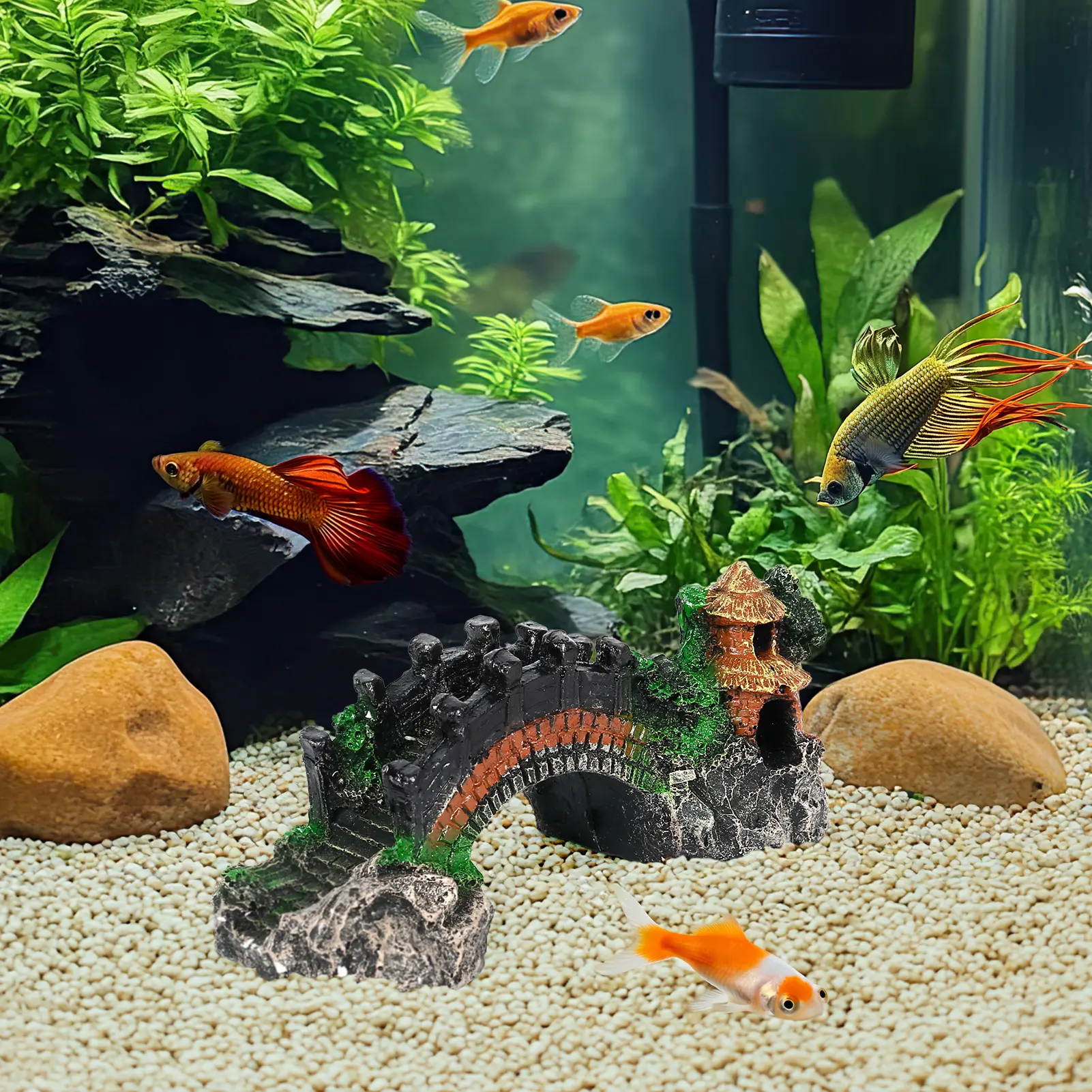 5.5" Fish Tank Rockery Decoration Simulated Resin Fake Mountain Bridge Landscaping Hiding House For Goldfish Ranchu Axolotl