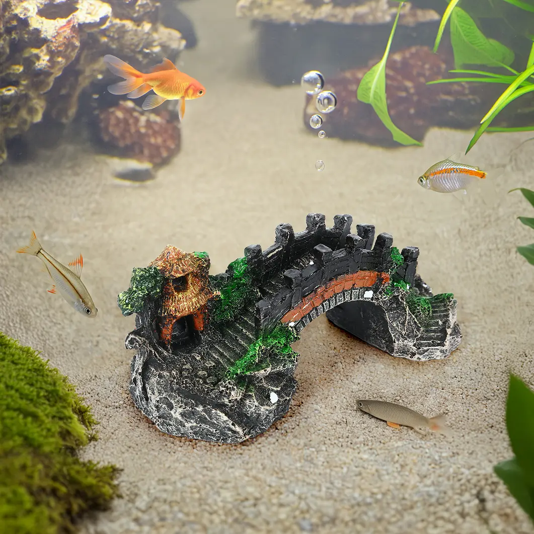 5.5" Fish Tank Rockery Decoration Simulated Resin Fake Mountain Bridge Landscaping Hiding House For Goldfish Ranchu Axolotl