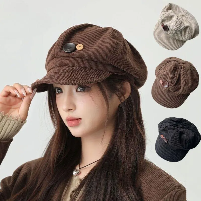 Vintage Corduroy Beret Hat For Women Korean Button Octagonal Cap Autumn Winter Painter Artist Hats Japanese Brown Peaked Caps