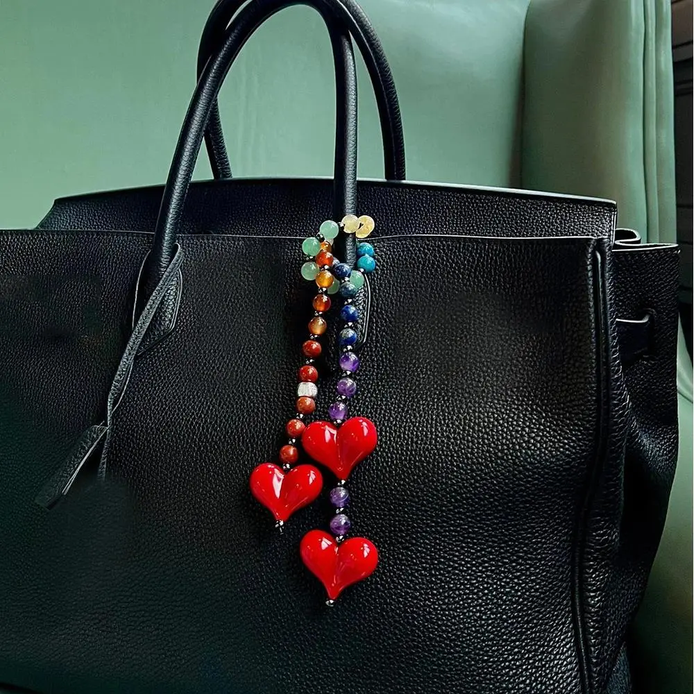 Y2k Love Bead Hanging Chain Bag Charm Women Accesories Red Love Heart Bags Charms Colorful Beads Chain Fashion Lady Jewelry