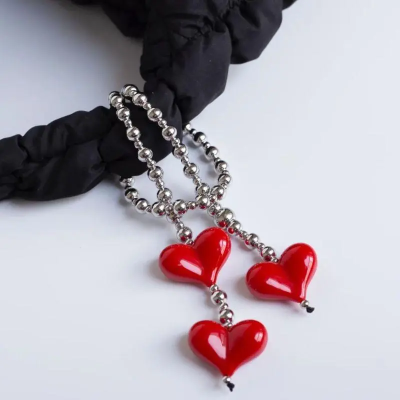 Y2k Love Bead Hanging Chain Bag Charm Women Accesories Red Love Heart Bags Charms Colorful Beads Chain Fashion Lady Jewelry