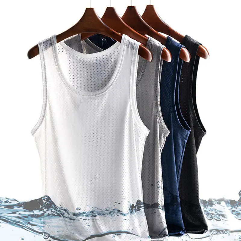 Men's Ice Silk Mesh Tank Tops Vest Outer Wear Quick-Drying Mesh Hole Breathable Sleeveless Bodybuilding T-Shirt Summer Cool Vest