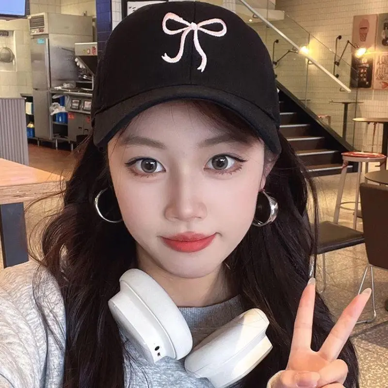 Solid Color Korean Sweet Bowknot Embroidery Baseball Hat For Women Girl Peaked Cap Outdoor Soft Cotton Snapback Sun Visors Hat