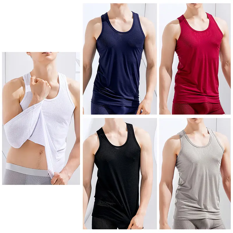 Men's Ice Silk Mesh Tank Tops Vest Outer Wear Quick-Drying Mesh Hole Breathable Sleeveless Bodybuilding T-Shirt Summer Cool Vest