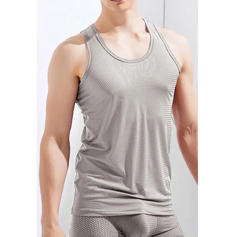 Men's Ice Silk Mesh Tank Tops Vest Outer Wear Quick-Drying Mesh Hole Breathable Sleeveless Bodybuilding T-Shirt Summer Cool Vest