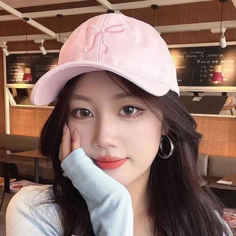 Solid Color Korean Sweet Bowknot Embroidery Baseball Hat For Women Girl Peaked Cap Outdoor Soft Cotton Snapback Sun Visors Hat