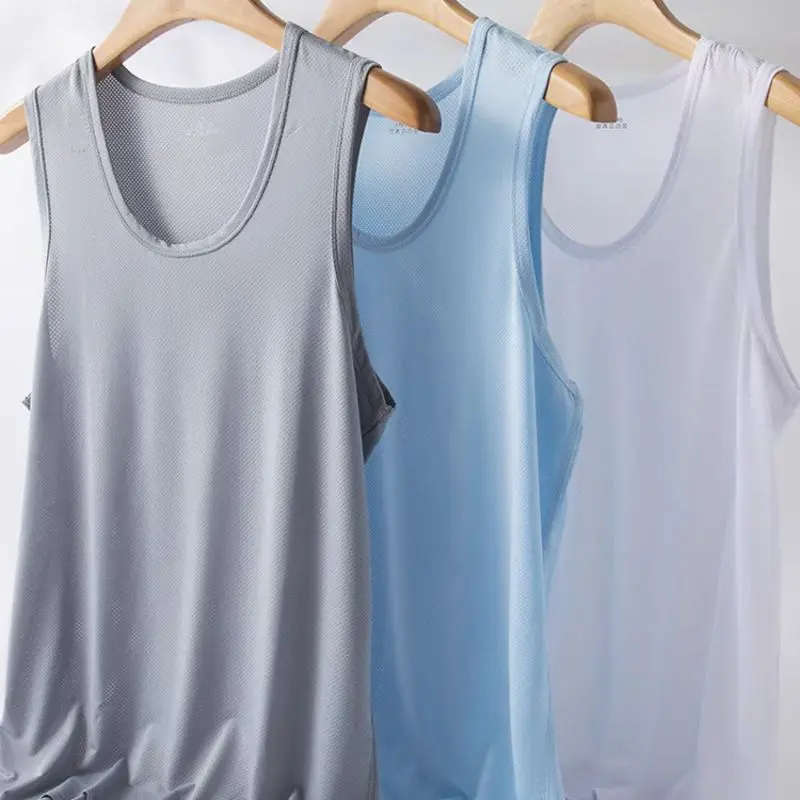 Men's Ice Silk Mesh Tank Tops Vest Outer Wear Quick-Drying Mesh Hole Breathable Sleeveless Bodybuilding T-Shirt Summer Cool Vest