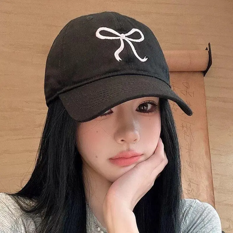 Solid Color Korean Sweet Bowknot Embroidery Baseball Hat For Women Girl Peaked Cap Outdoor Soft Cotton Snapback Sun Visors Hat