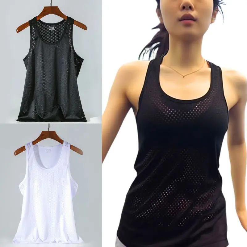 Men's Ice Silk Mesh Tank Tops Vest Outer Wear Quick-Drying Mesh Hole Breathable Sleeveless Bodybuilding T-Shirt Summer Cool Vest