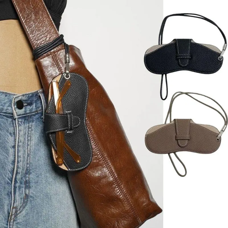Portable Hanging Neck Glasses Bag PU Leather Sunglasses Storage Bag Anti-stress Glasses Protective Cover Eyewear Accessories