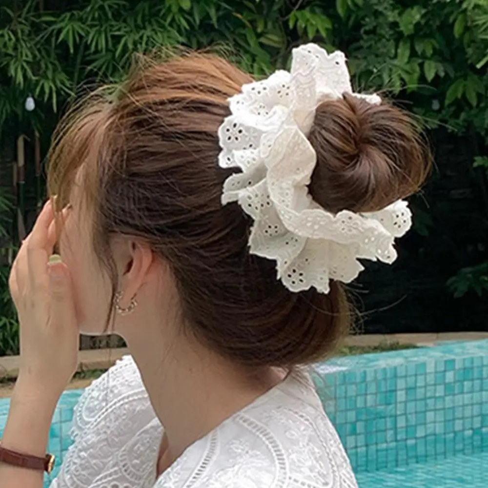 Big Flower Lolita Lace Hair Bands Korean Lace Cotton Pleated Scrunchies White French Retro Large Hair Rope Ties Ponytail Holder