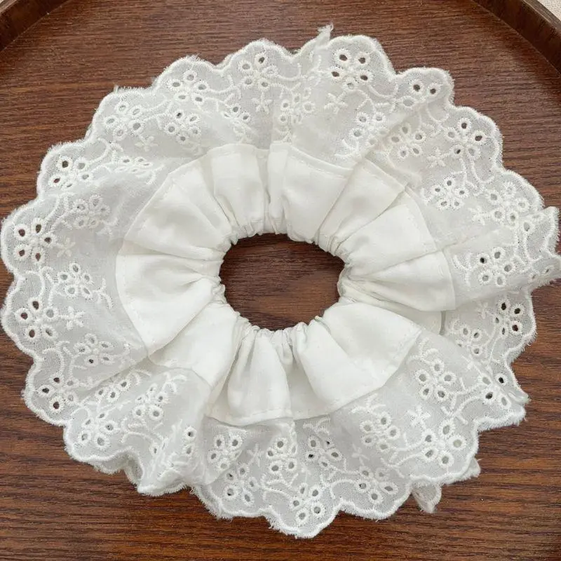 Big Flower Lolita Lace Hair Bands Korean Lace Cotton Pleated Scrunchies White French Retro Large Hair Rope Ties Ponytail Holder