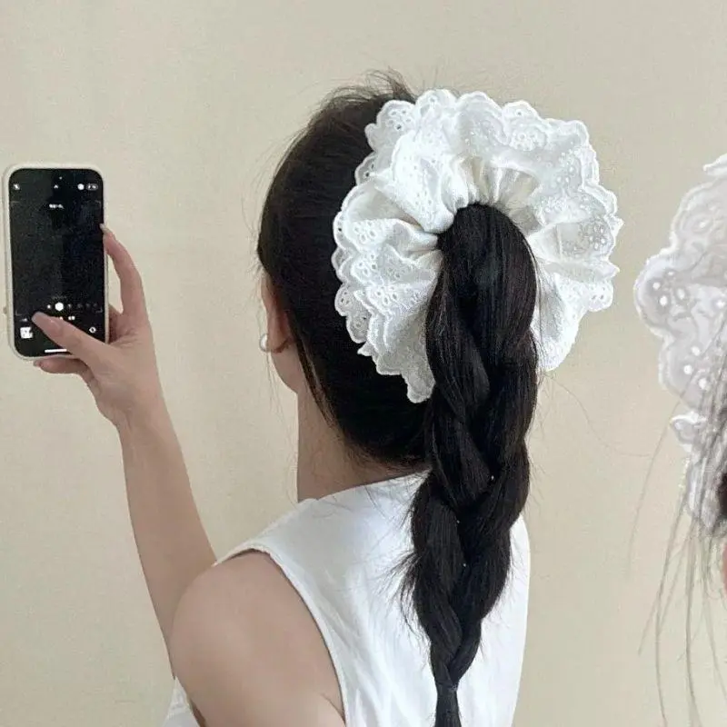 Big Flower Lolita Lace Hair Bands Korean Lace Cotton Pleated Scrunchies White French Retro Large Hair Rope Ties Ponytail Holder