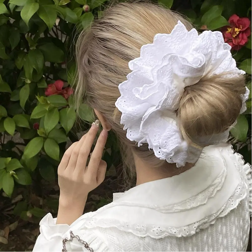 Big Flower Lolita Lace Hair Bands Korean Lace Cotton Pleated Scrunchies White French Retro Large Hair Rope Ties Ponytail Holder