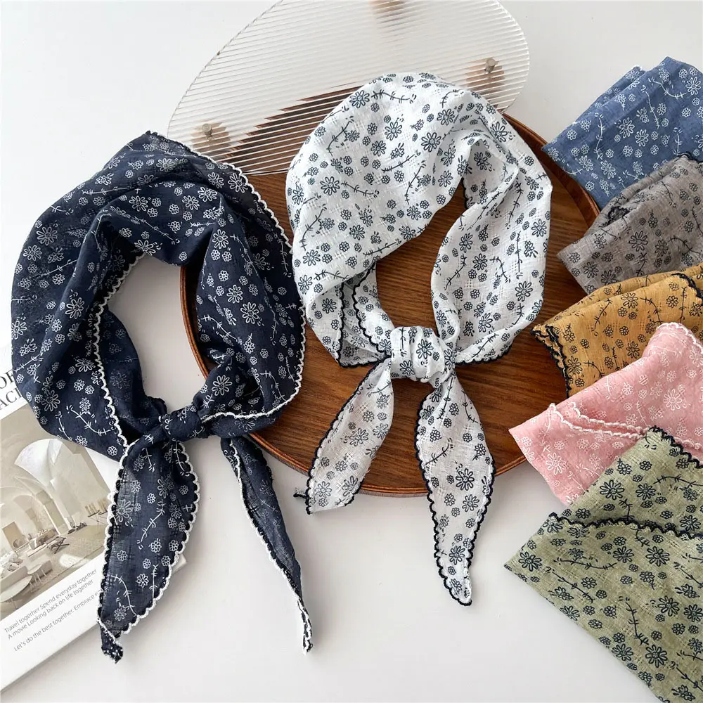 Small Flower Triangle Scarf Women Cotton Linen Scarves All-match Decorative Shawl Korean Version Shawl for Ladies Neckerchief