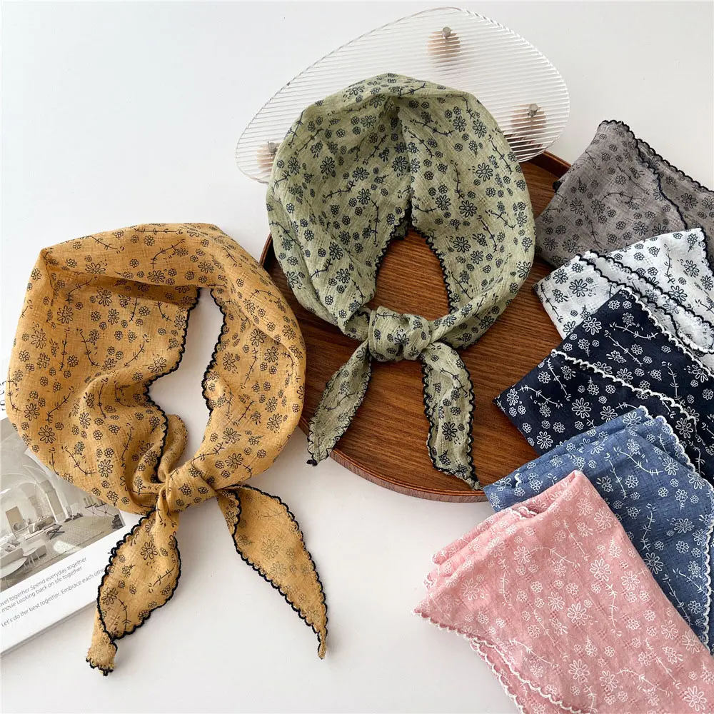 Small Flower Triangle Scarf Women Cotton Linen Scarves All-match Decorative Shawl Korean Version Shawl for Ladies Neckerchief