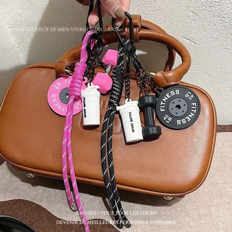 Sports Fitness Bag Pendant Colorful Handmade Rope Keychain Mini Dumbbell Water Cup Kettlebell Bag Charms Backpack Decoration