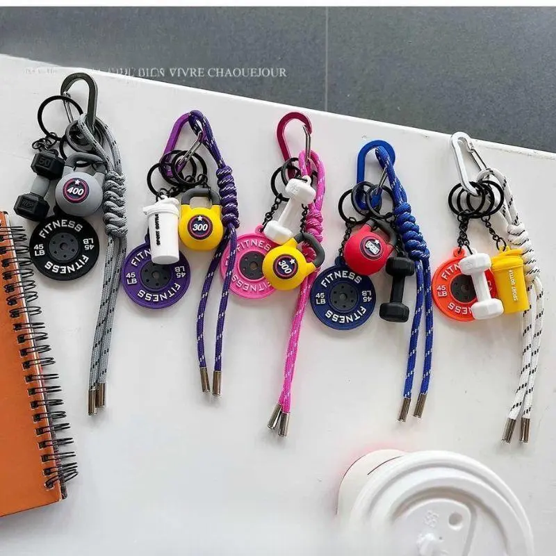 Sports Fitness Bag Pendant Colorful Handmade Rope Keychain Mini Dumbbell Water Cup Kettlebell Bag Charms Backpack Decoration