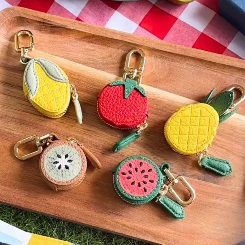Portable Fruit Shape Coin Purse Cute Creative Litchi PU Leather Keychain Pendant Mini Storage Bag Summer Fruit Bag Charm Gifts