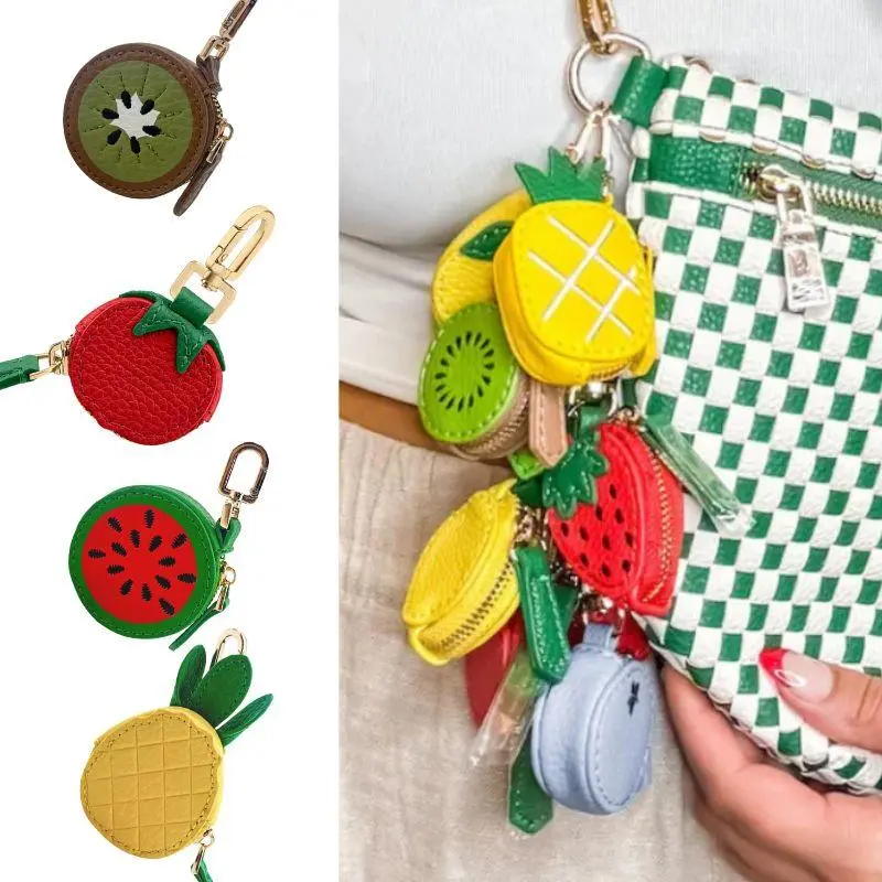 Portable Fruit Shape Coin Purse Cute Creative Litchi PU Leather Keychain Pendant Mini Storage Bag Summer Fruit Bag Charm Gifts