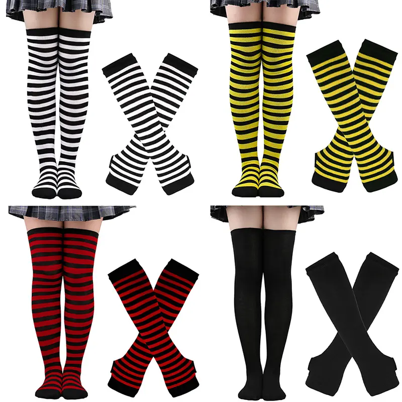 Long Fingerless Gloves Arm Cover Long Socks Striped Knitted Wrist Sleeves Arm Warmer Anime Gothic Overknee Socks Long Sleeve