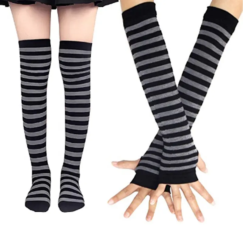 Long Fingerless Gloves Arm Cover Long Socks Striped Knitted Wrist Sleeves Arm Warmer Anime Gothic Overknee Socks Long Sleeve